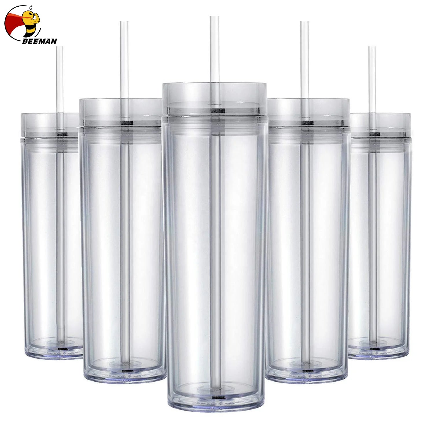 Beeman Double Walled 16oz Straight Acrylic Plastic Clear Water Cups Skinny Tumbler With Lid and Straw