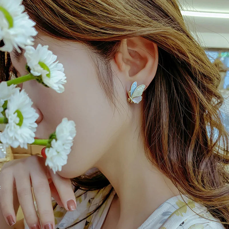 2023 Modern Fashion Jewelry Earrings Tiny Drop Oil Enamel Small Colorful Butterfly Stud Earrings Handmade S925 Needle