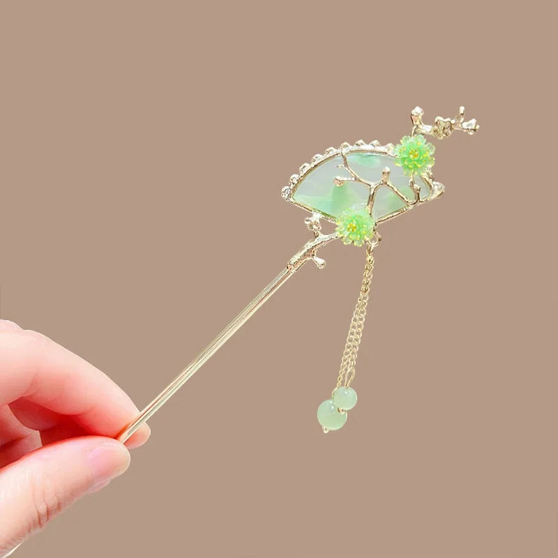Elegant Chinese Style Fan Butterfly Tassel Hairpin Vintage Hair Tool Updo Hairpin with Ancient Tassel Style Hair Stick