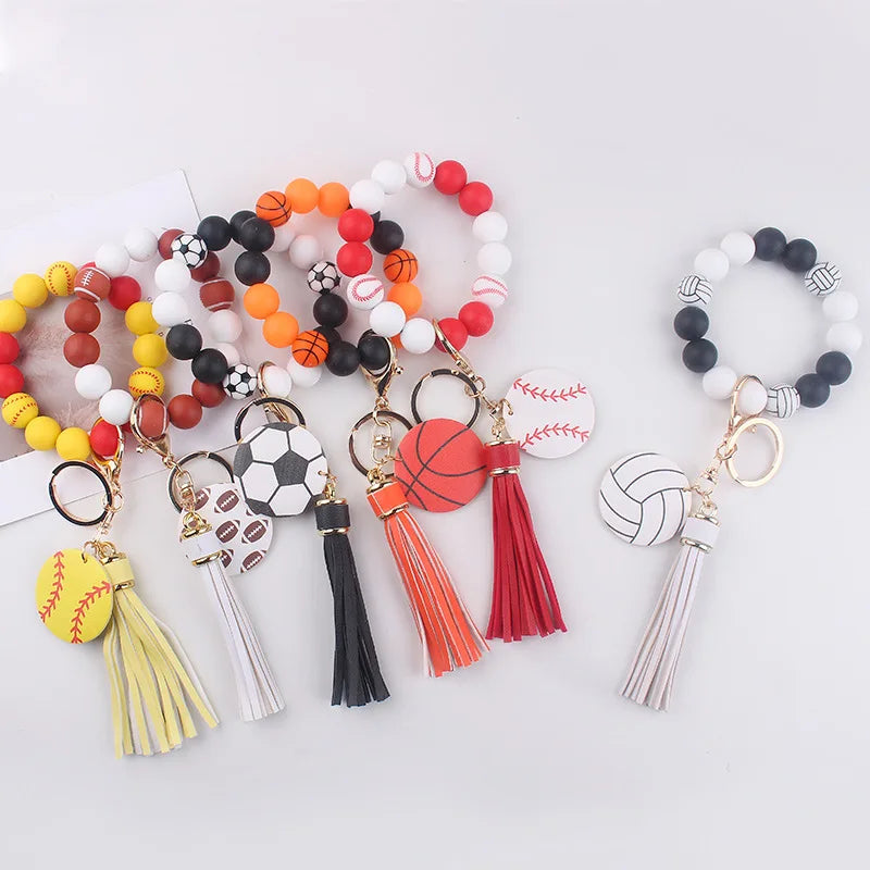 New Bag Accessories Leather PU Tassels Sports Style Baseball Football Silicone Wristlet Keychain