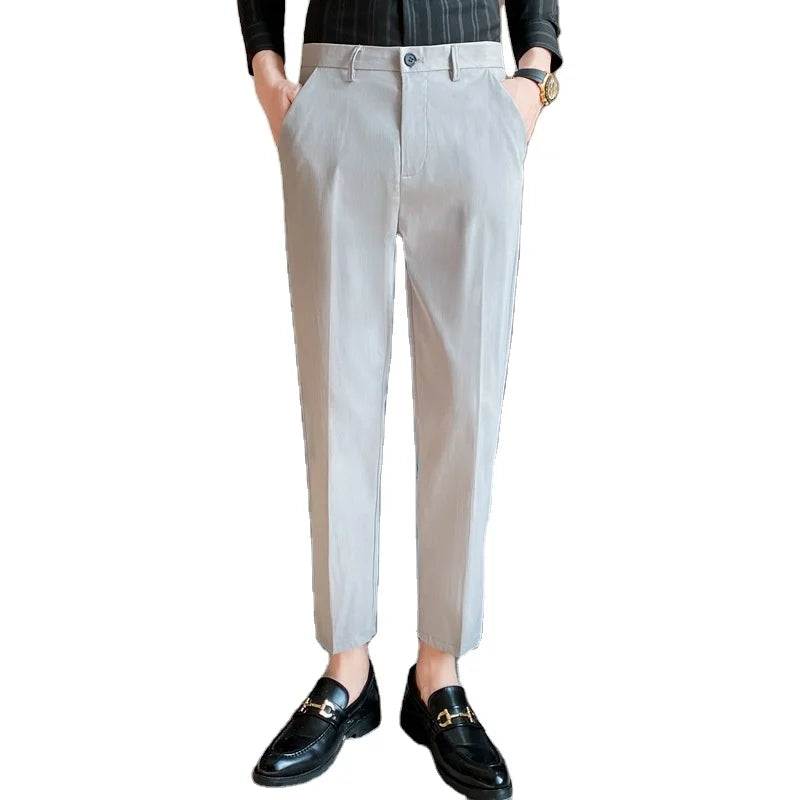 Men's Ninth Pants Solid Color Slim Casual  Summer Straight Suit Pants for Men