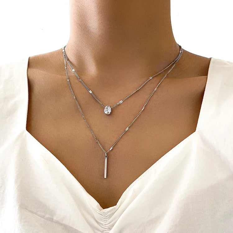 K021 Vintage Gold Drop-shaped Rhinestones Multi Layer Clavicle Chain Bar Pendant Necklace Double Layer Choker Necklace for Women