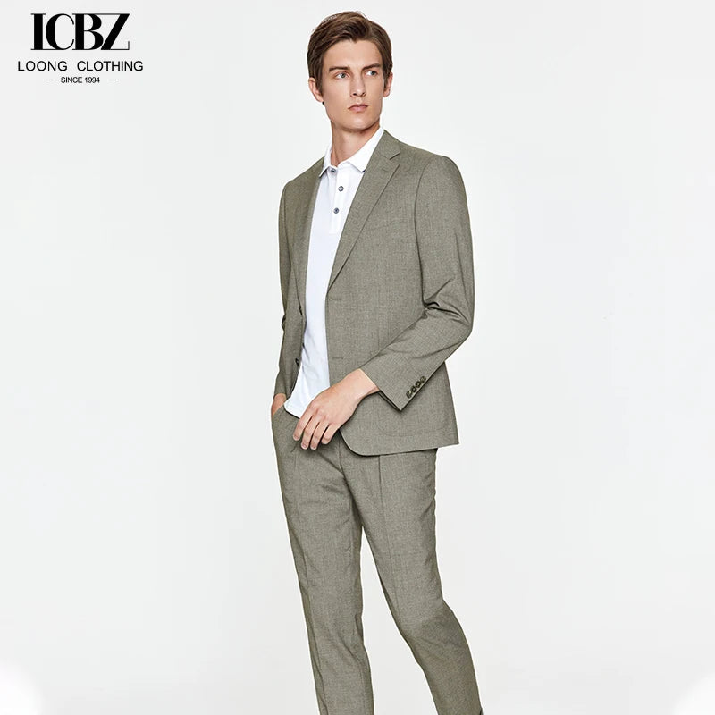 Khaki Men's Korean Style Wedding Groom's Business Casual Slim Formal Wool Silk Breathable Suit