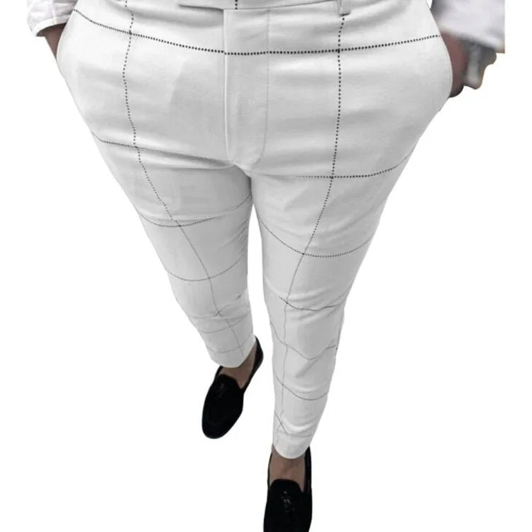 New Fashion Plaid Printed Pencil Pants for Mens Mid Waist Button Trouser Male Formal Summer Casual Long Pants