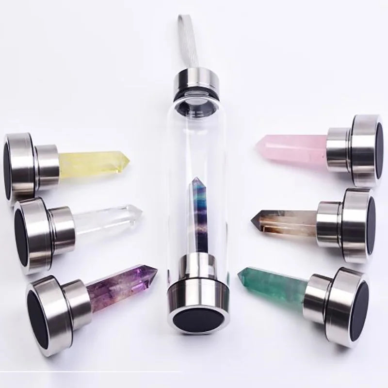 Wholesale Natural Gemstone Infused Elixir Glass Water Bottle Healing Stones Crystal Point Crafted Drinkware