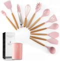 12 Pcs Cheap Kitchenware Kitchen Tools Pink Silicone Utensil Kitchen Set With Wooden Handle and Holder MegaBDM