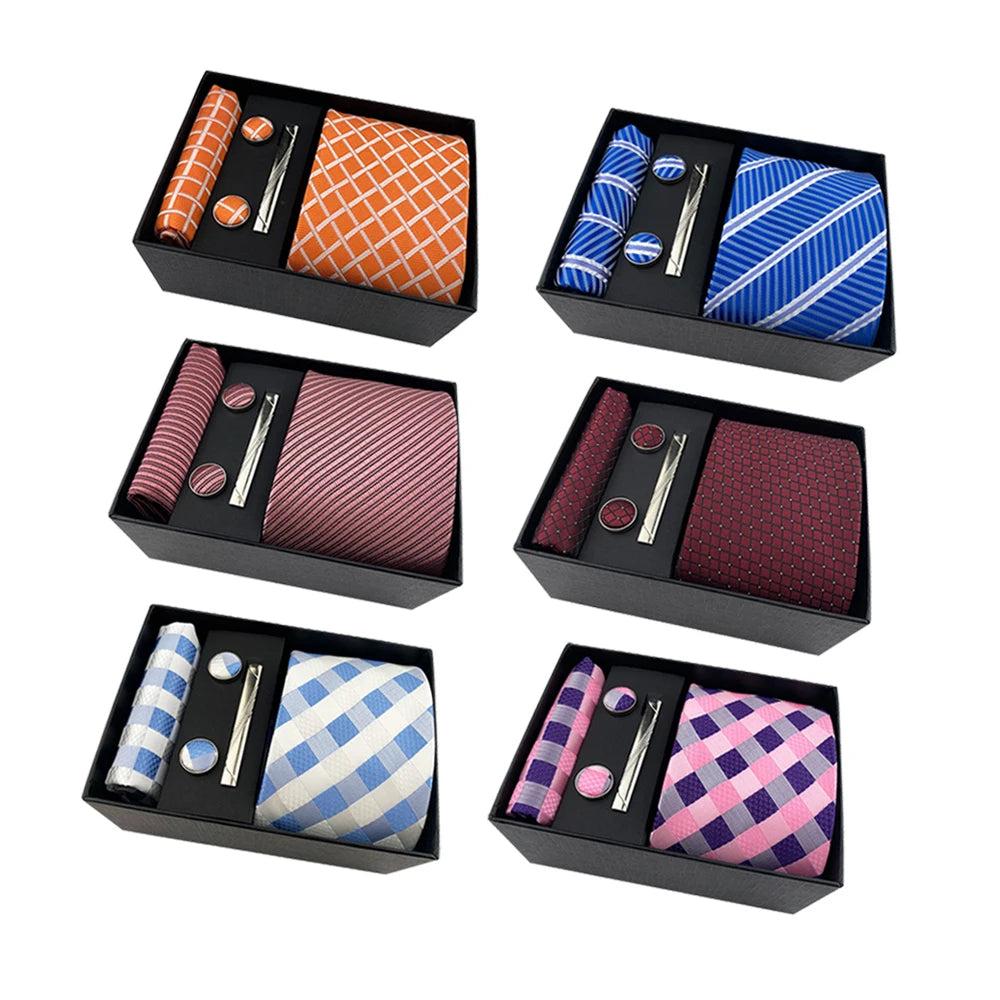 Men's Business Tie and Hanky Set Striped Silk Polyester Neck Ties for Men Pocket Square Cufflinks Necktie Set in Black Gift Box