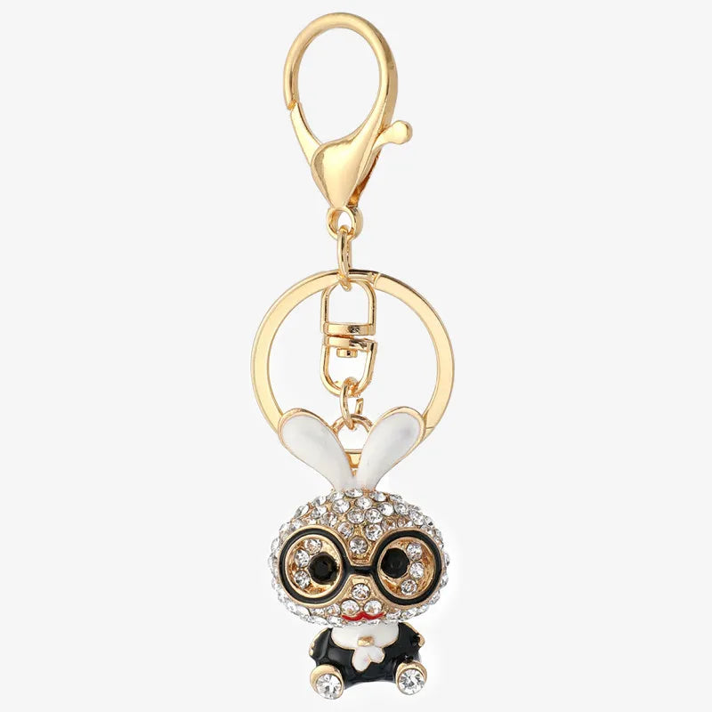 Bling Crystal Rhinestone Glasses Rabbit Charm Keychain Accessories Cute Animal Bunny Pendant Hanging Key Chain for Women Men