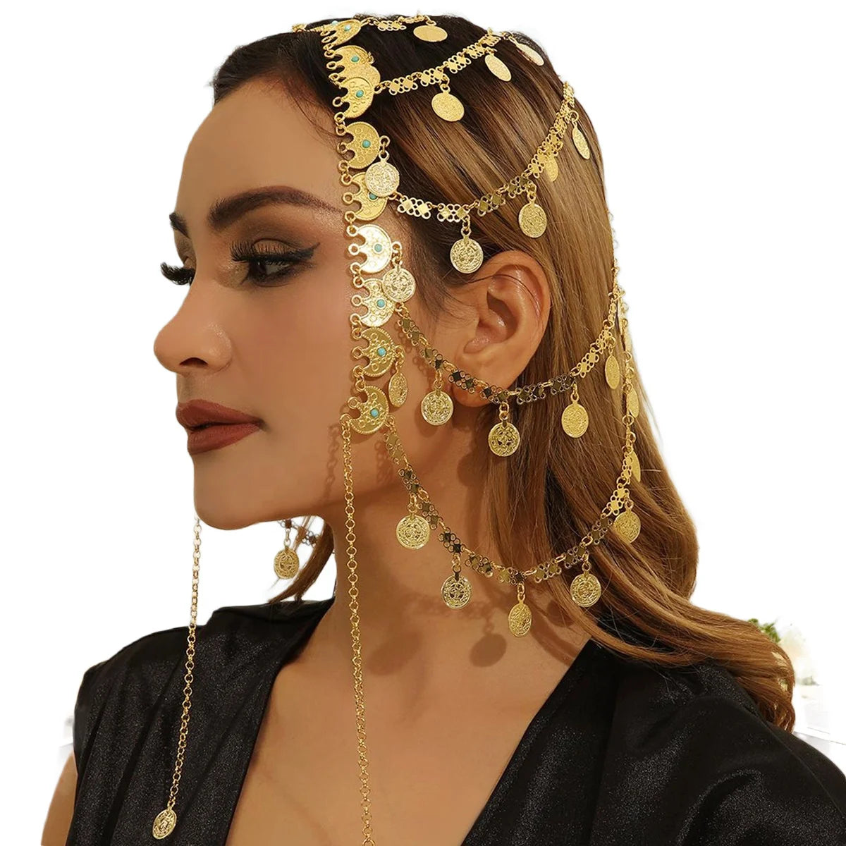 Fashionable Gorgeous Gold Coins Sequins Tassels Headwear Hair Chain for Ladies' Stage Performance Bridal Wedding Accessories