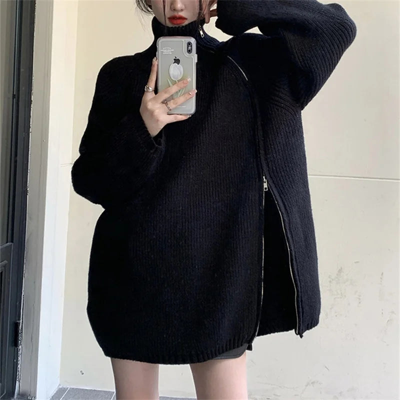 Autumn New Fashion Women's Casual Knitted Sweater High Neck Double Head Oblique Zipper Thick Long Top Solid Pattern for Winter