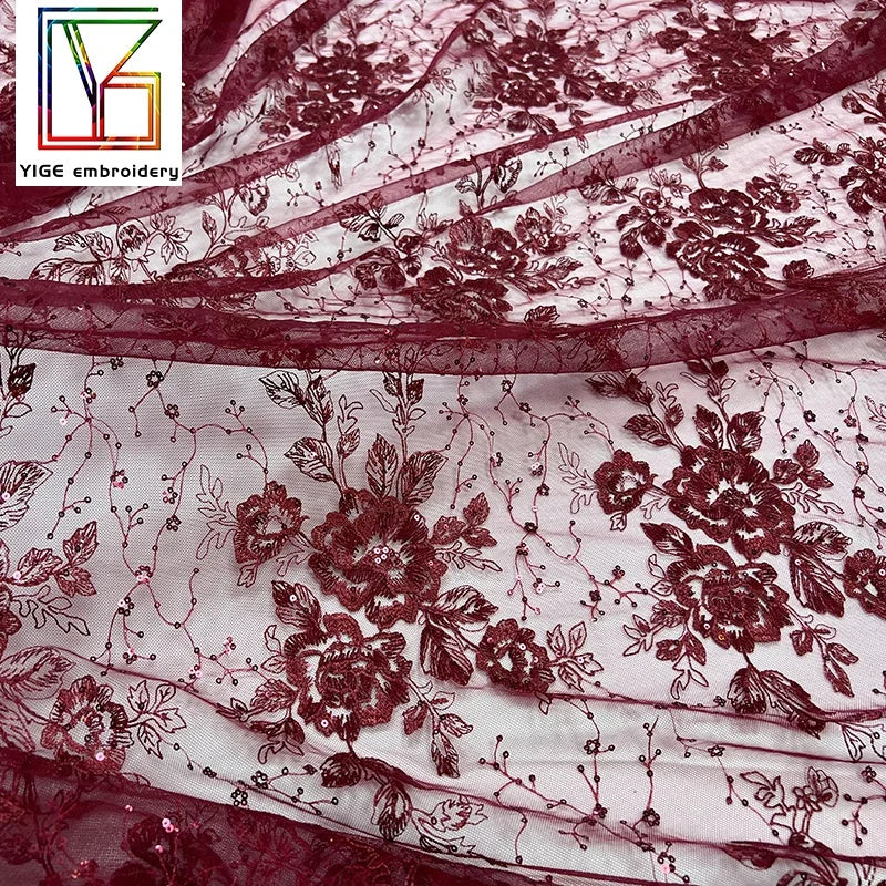 New 100% Polyester Mesh Lace Wedding Bridal Embroidery Floral Lace Luxury French Tulle Dress Sequins Fabric