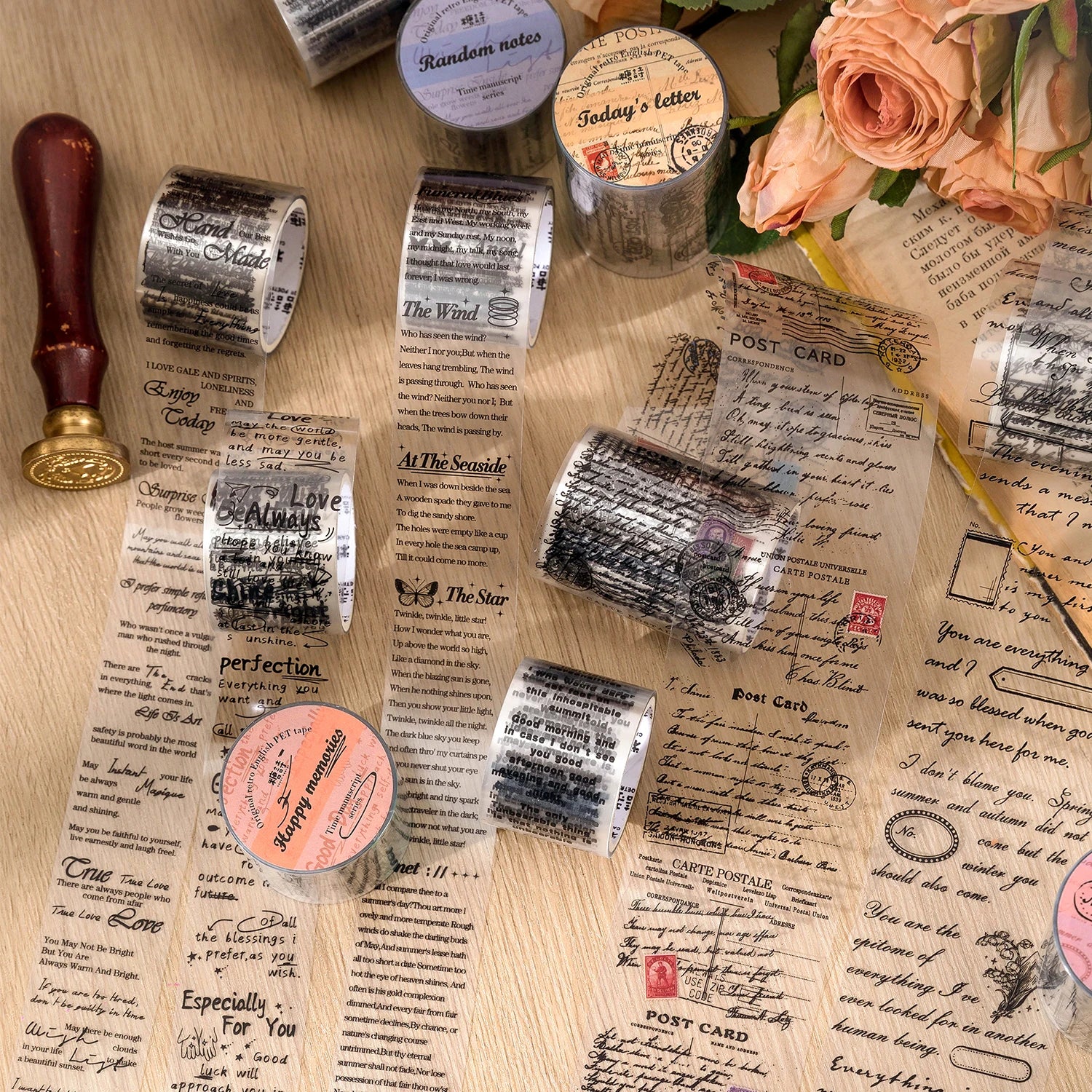 2M/Roll Pet Retro English Tape Time Manuscript Series Minimalist Basic Base Material Diy Journal Tape