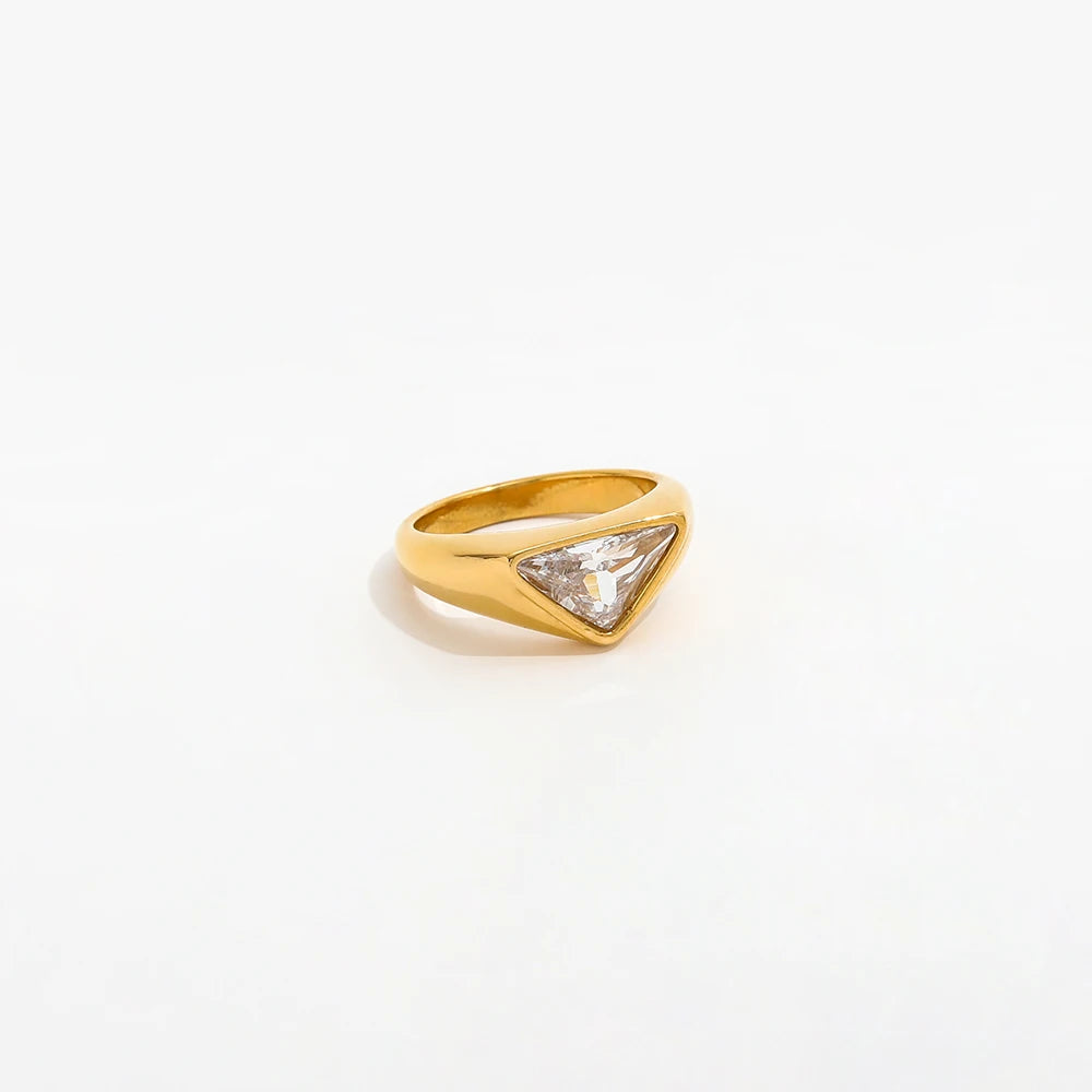 Joolim Jewelry Wholesale 18K Gold Plated Chunky Triangle Big Zirconia Stainless Steel Rings for Women Dainty Rings