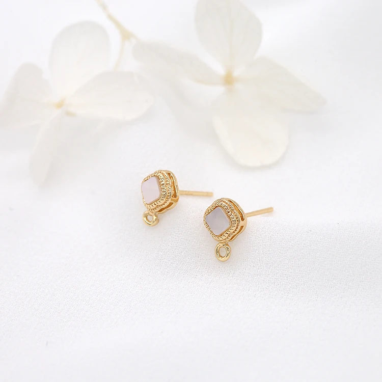 Simple Design 14K Gold Plated Inlaid Shell Textured Small Square Charm Stud Earrings