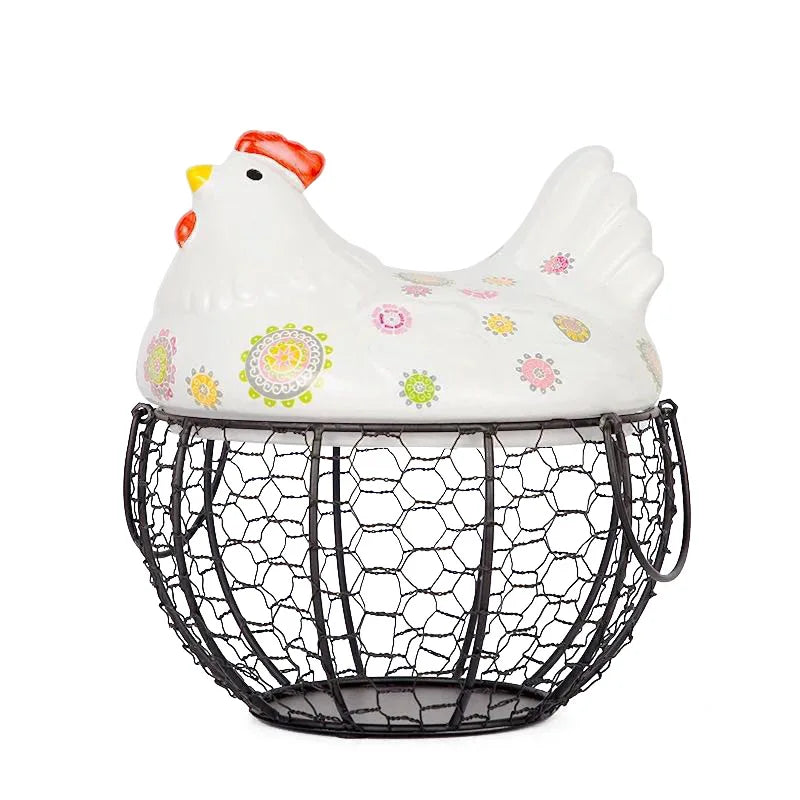 Cute Ceramic Chicken Egg Basket with Wire Frame Animal Shaped Eco-Friendly Storage for Home Kitchen