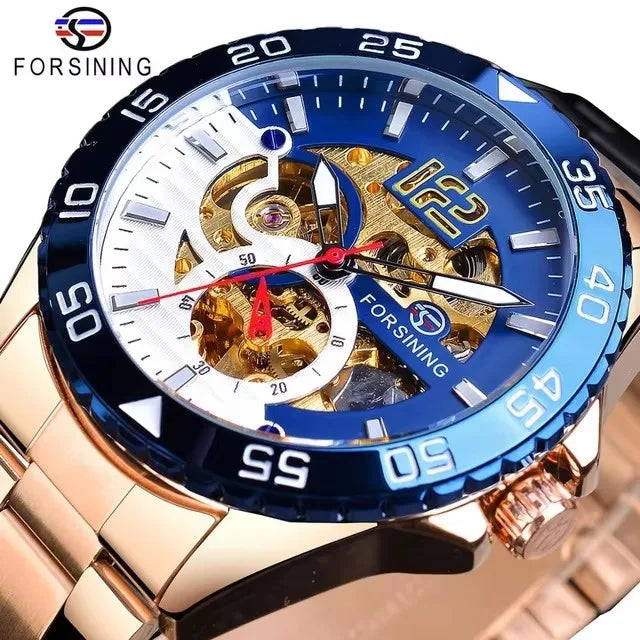 Top Clock Forsining Men Watch Luxury Skeleton Automatic Mechanical Wristwatch Creative Steel Band Waterproof Man Luminous Clock