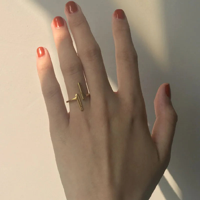 Fashion Simple Design Geometric T Shaped Open Ring 18K Gold Plated Stainless Steel Finger Ring