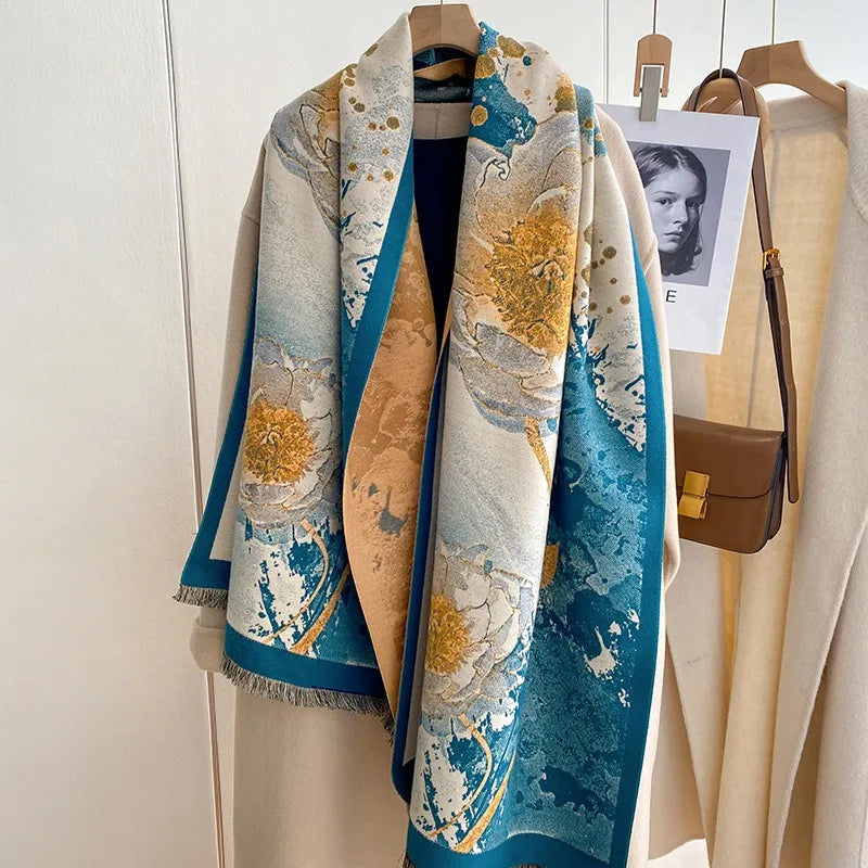 2023 New Korean Style Imitation Cashmere Scarf Women's Oil Painting Double-sided Fashion Thick Outerwear Warm Scarf Shawl