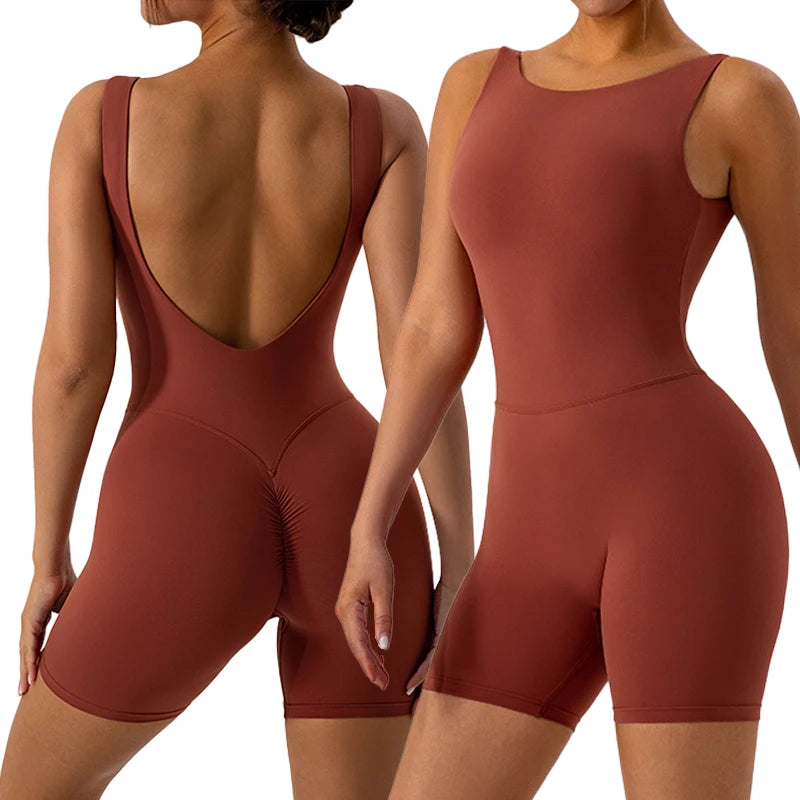Women Slim Short Rompers Sleeveless Hollow Backless Breathable Yoga Workout Jumpsuits