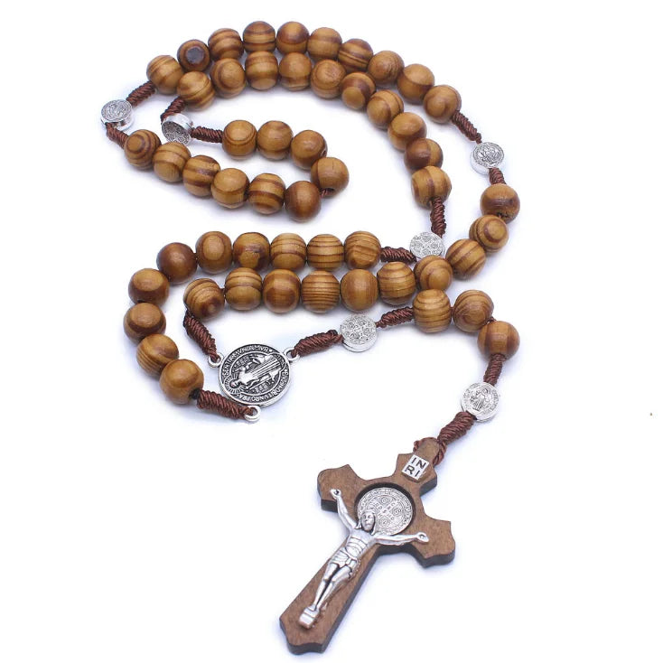 Hot Rosary Catholic Necklace Handmade Wooden Beads Cross Jesus and Virgin Mary Christina Long Necklace Religious Faith Jewelry