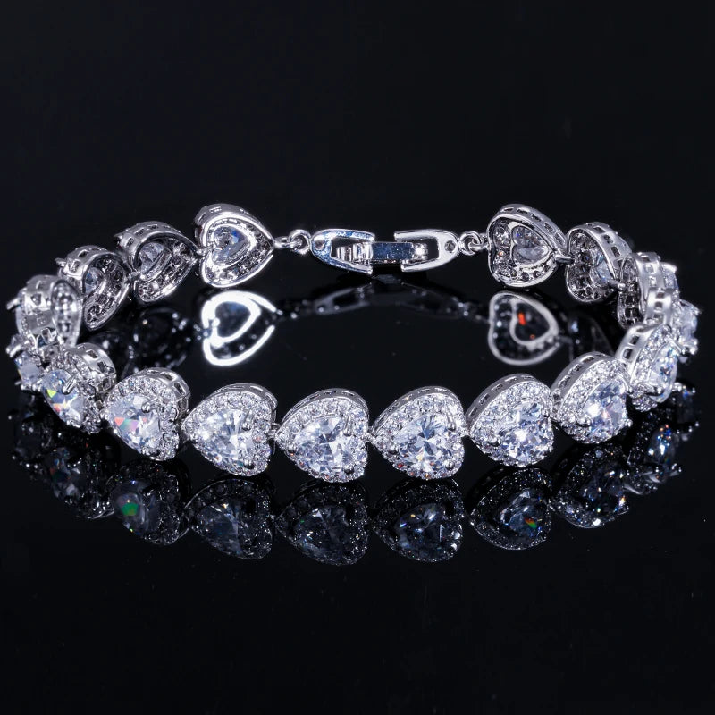 Luxuries Women Jewelry Silver Plated Colorful Cubic Zircon Crystal Wedding Party Heart Tennis Bracelet