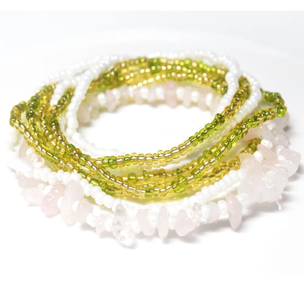 Handmade Glass Seed Beads Waist Belly Chain Plus Rose Quartz Stone Chips 2pcs a Set for Women Elastic Cord Strtechy Body Jewelry