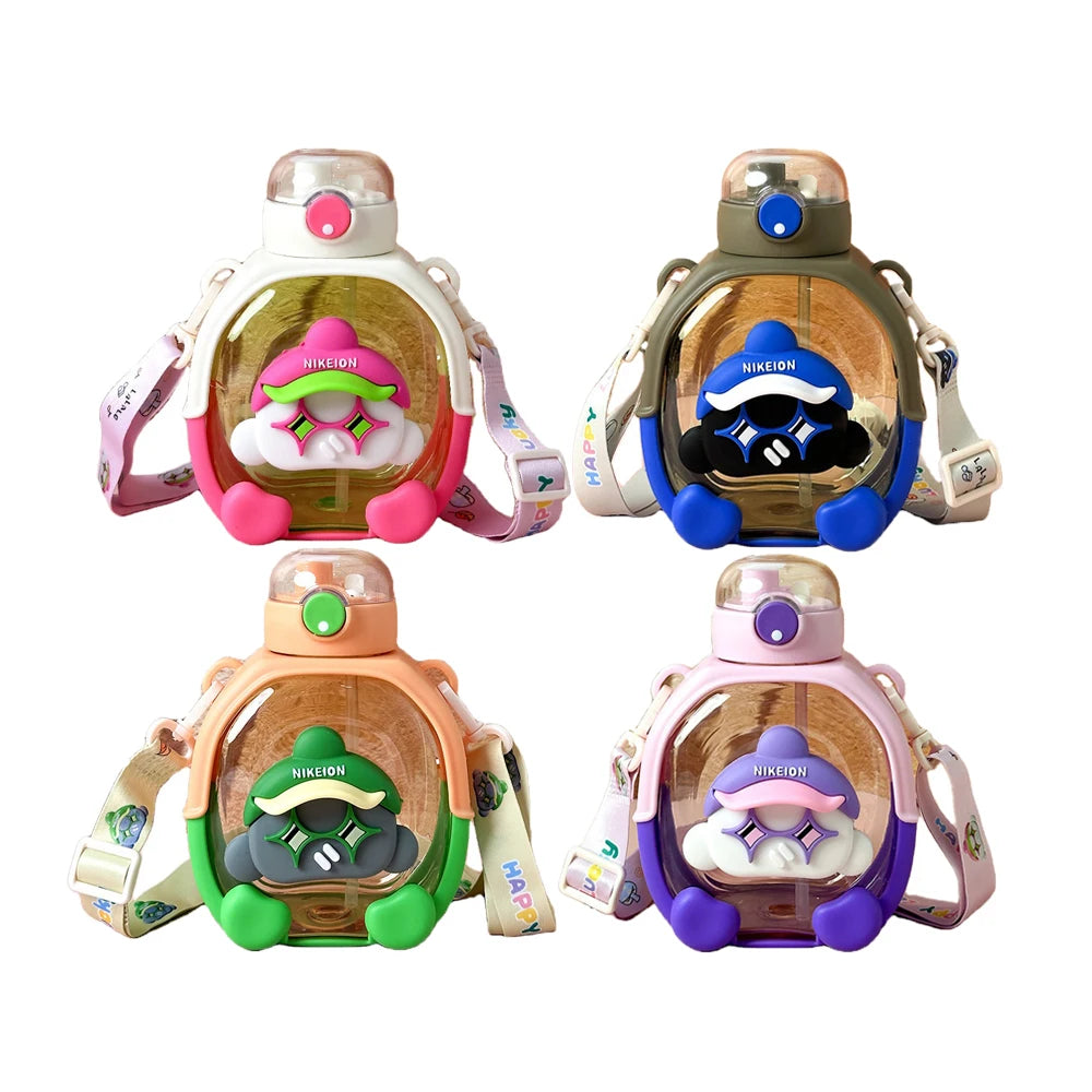 Cute Cartoon Dual Drink Bottle Straw Type BPA Free Botellas De Agua Plastic Kids Water Bottle With Strap