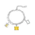 Women's Silver Chain Bracelet with Money Bag Dollar Sign Charm Yellow Gemstone Pendant & Square Frame