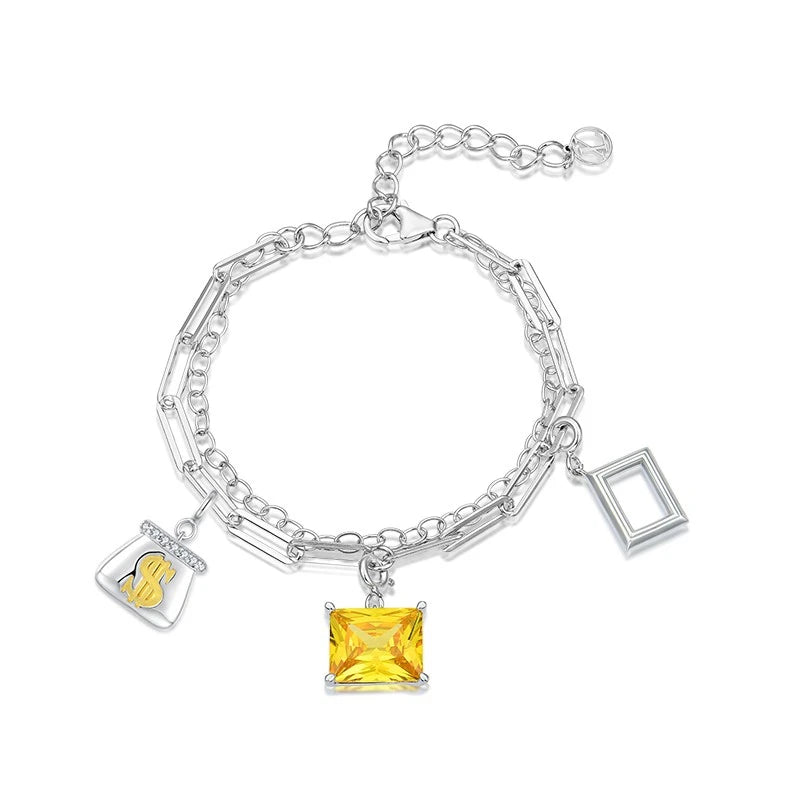 Women's Silver Chain Bracelet with Money Bag Dollar Sign Charm Yellow Gemstone Pendant & Square Frame