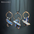 NM48553 Soldered Jewelry Raw Stone Blue Kyanite Free Form Slice Pendant Leather Rope Necklace Antique Bronze Plated Boho Style