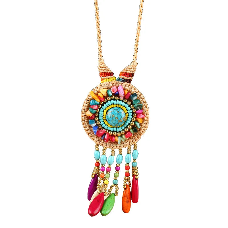 Hot Selling Bohemian Style Turquoise Tassel Pendant Necklace Popular Wedding Sweater Chain Braided Rope Chain