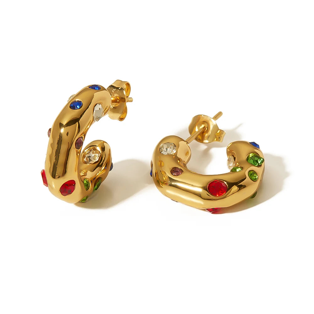 Women's Trendy 18K Gold Stainless Steel Semi Rainbow Zircon CC Shape Hoop Earring Geometric Irregular CC Hoop for Stylish Look