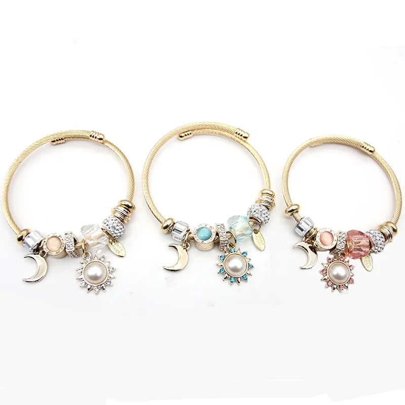 Women's Fashion Charm Bracelet with Stainless Steel Rhinestone Beads and Pearl Star Moon Gift