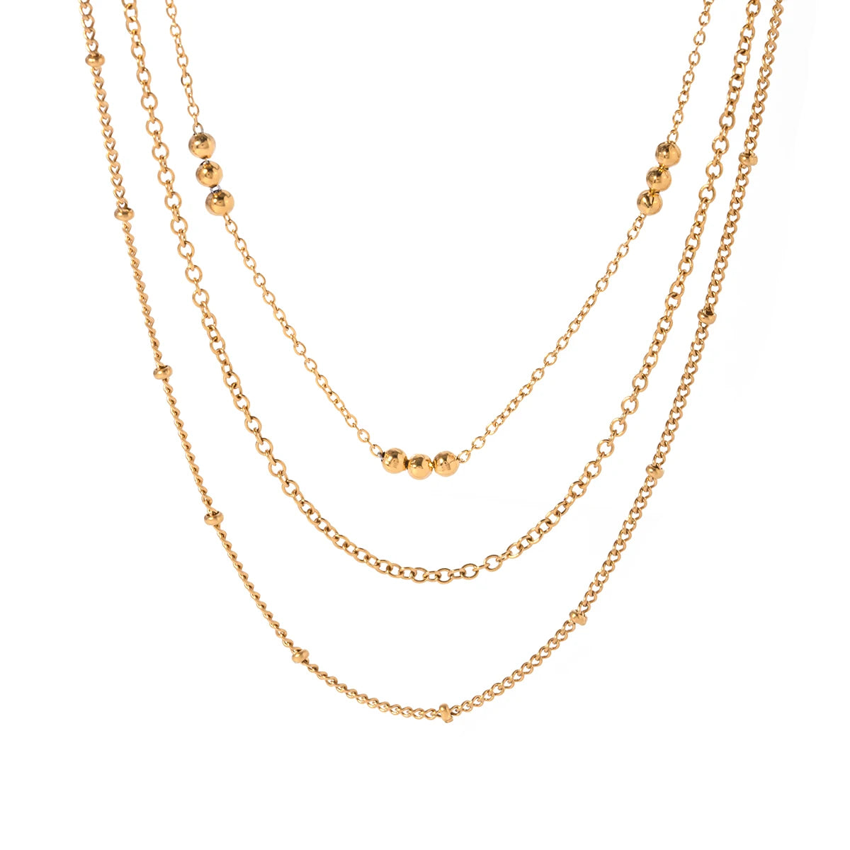 J&D Jewelry Waterproof Simple Thin Layered Necklace Stainless Steel Bead Chain Three Layer Necklaces