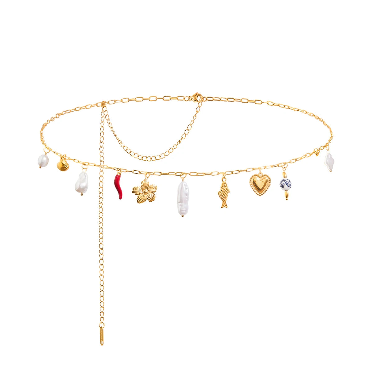 J&D Women's Boho Chic 18K Gold Plated Stainless Steel Waist Chain with ABS Pearls Enamel Ceramic Pendants Beach Vacation Jewelry