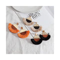 RisingMoon Big Geometric Round Metal Wood Fringe Tassel Drop Earrings Fan Tassel Statement Earrings