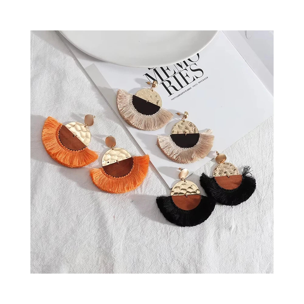 RisingMoon Big Geometric Round Metal Wood Fringe Tassel Drop Earrings Fan Tassel Statement Earrings