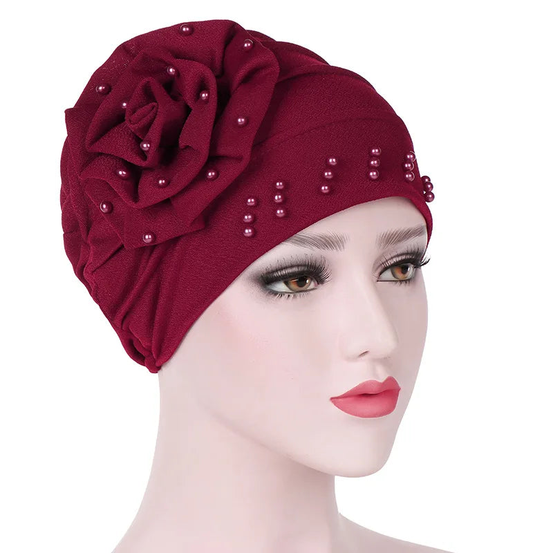 Fashion Flowers Pearl Muslim Turban Solid Color Indian Woman Wrap Head Hijab Caps Ready to Wear Inner Hijabs