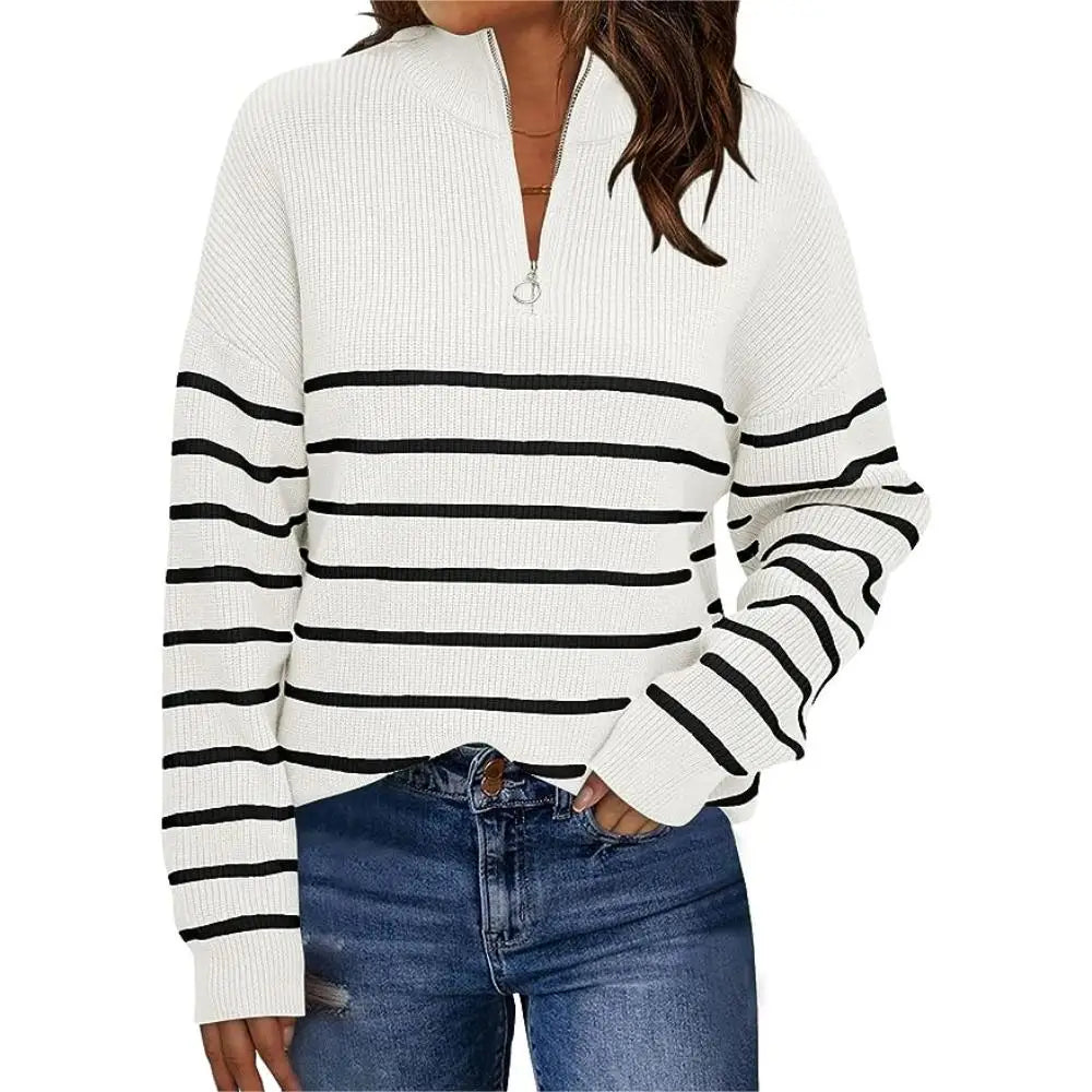 Women's Fall Striped Oversized 2023 Pullovers Sweaters Half Zipper Casual Knit Tops