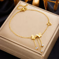 Fashion Hollow Frosted butterfly Rhinestone Tassel Pendant Stainless Steel Anklets for Women Girls