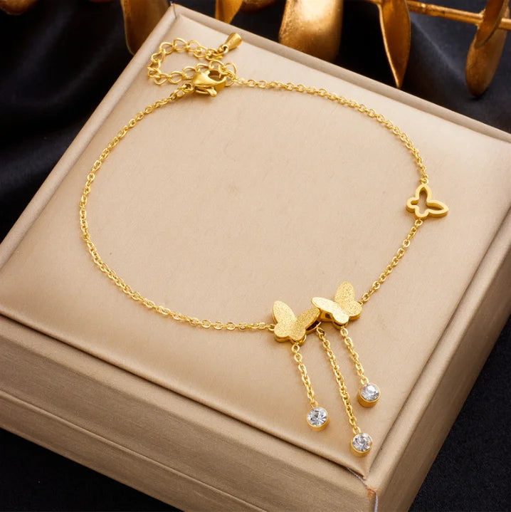 Fashion Hollow Frosted butterfly Rhinestone Tassel Pendant Stainless Steel Anklets for Women Girls