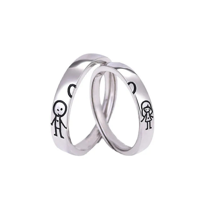 BASQUESUN Factory Wholesale Custom Cartoon Couple Speaks with Simple Copper Corrosion Holding Hands with Lover Couple Ring