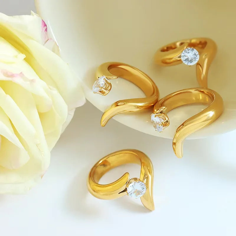 Waterproof Stainless Steel Jewelry Women Fashion Zircon Diamond Open Ring 18k Gold  Irregular Tail Rings for Ladies