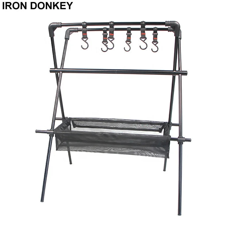 IRONDONKEY Aluminum Storage Rack Folding Mesh Frame Hanging Pole Outdoor Double-layer Hanging Rack Barbecue Camping Tableware