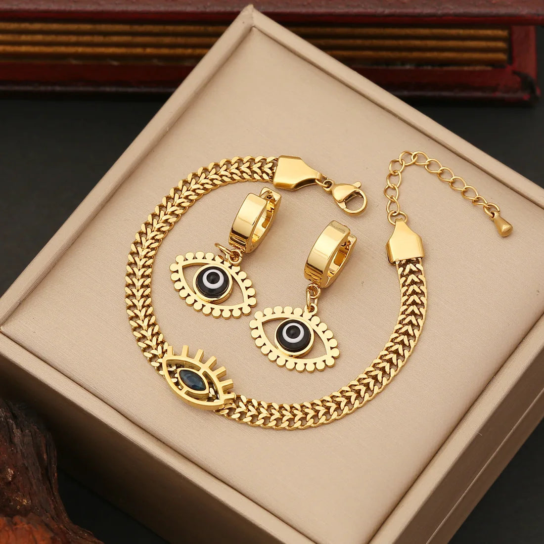 New Fashion Eye Jewelry Stainless Steel 18K Gold Plated Devil Eye Necklace Bracelet Earrings Fashion Jewelry Set