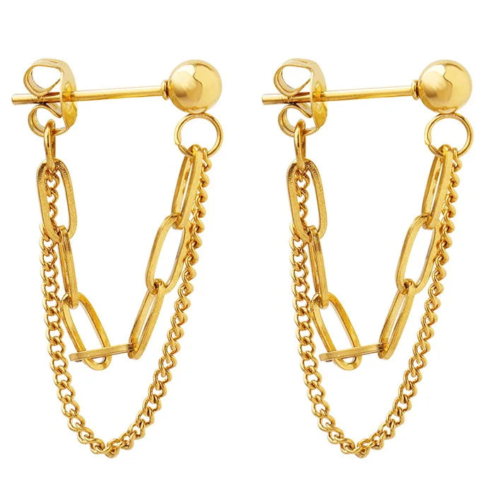 INS Stainless Steel 18K Gold Plated Double Layers Link Chain Earrings Titanium Steel PVD Personalized Paperclip Tassel Earring