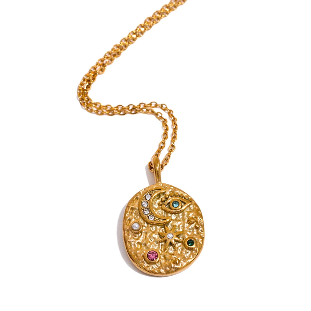 JINYOU 266 Moon Star Eye Oval Stainless Steel Gold Mysterious Necklace Fashion Zircon Vintage Jewelry Women Rust Proof Gift