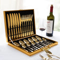 24Pcs Luxury Gold Stainless Steel Cutlery Set With Wooden Style Suitcase PVD Plated Flatware Knife Fork Spoon for Wedding