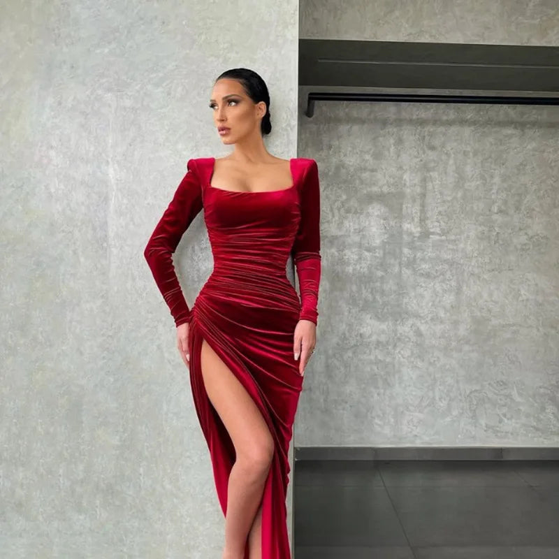Hot Sale Sexy Elegant Ruched Long Sleeve Square Collar Maxi Velvet Sex Dress for Women