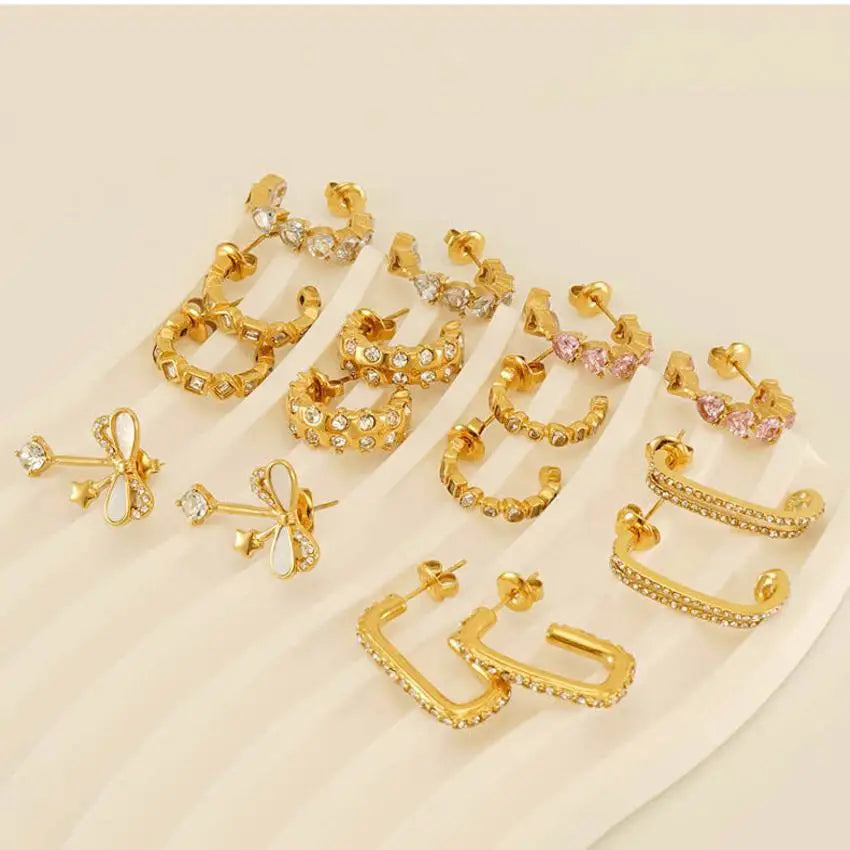 Fashion Jewelry Trendy Gold Plated Stainless Steel Zircon Stud Earrings with C Shape Design Third Party Certified for Women